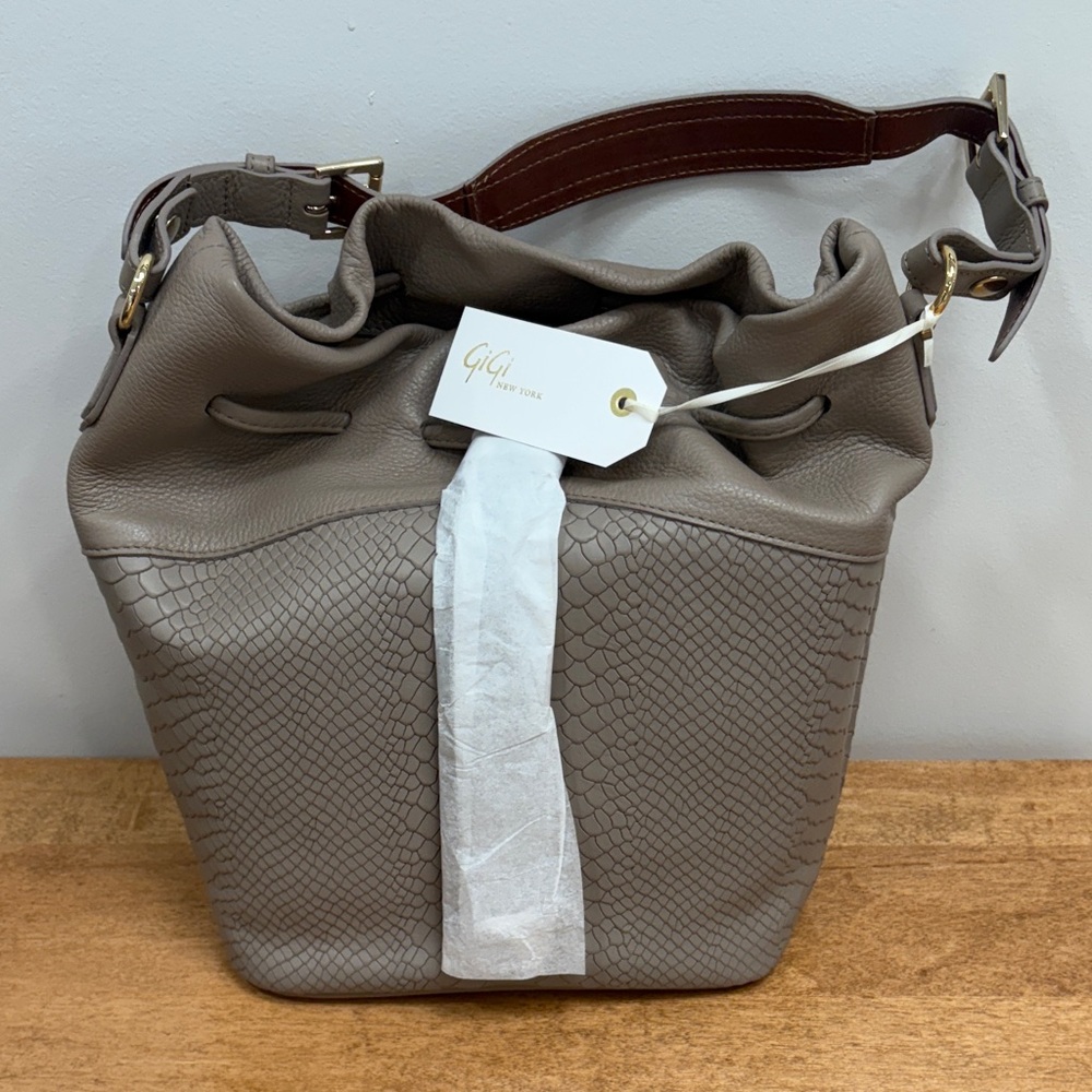 Elegant GiGi New York Taupe Leather Bucket Bag